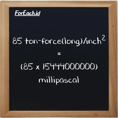 How to convert ton-force(long)/inch<sup>2</sup> to millipascal: 85 ton-force(long)/inch<sup>2</sup> (LT f/in<sup>2</sup>) is equivalent to 85 times 15444000000 millipascal (mPa)